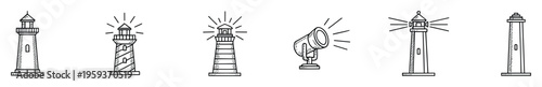 Collection of various hand drawn lighthouse icons and a spotlight beaming light, suitable for navigation, maritime, travel, and safety related graphic projects or informational graphics.