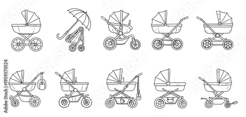Diverse collection of baby strollers and prams presented as black line drawings perfect for educational materials parenting product icons and nursery decor projects