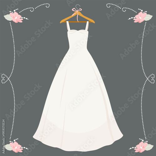 Beautiful white wedding dress on a hanger. Pretty bridal elegant gown for reception, stylish background with flowers and pearls. Vector illustration