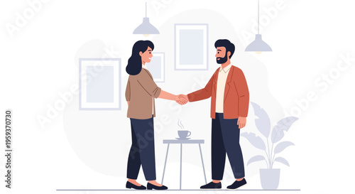 Two people shaking hands in an office with furniture and plants