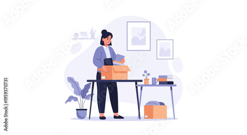 Woman packing moving boxes on a table in an office setting