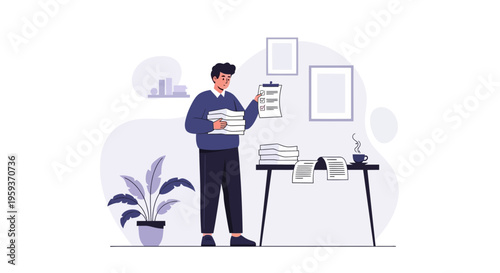 Man standing in office holding files near desk with papers and plant