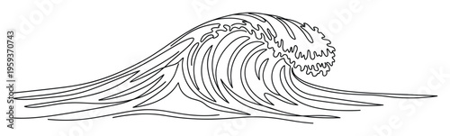 Dynamic ocean wave line drawing depicting powerful water motion and breaking crest, ideal for marine themed graphics, travel brochures, or nature focused educational materials