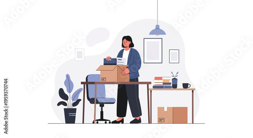 A woman unpacks office supplies from boxes at her desk in a modern workspace.