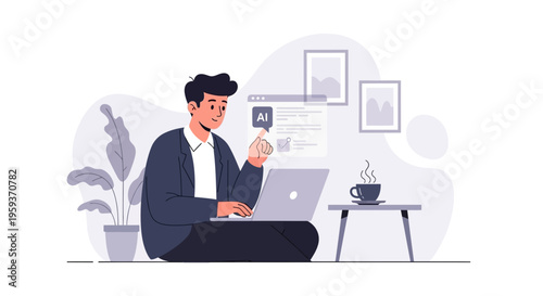 A man sits on the floor with a laptop, looking at a phone in his hand, with a plant, coffee, and pictures nearby indoors.