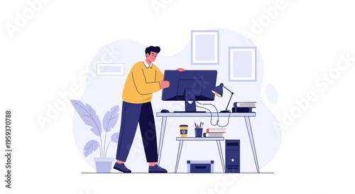 A man working on a computer in an office setting with furniture and plants