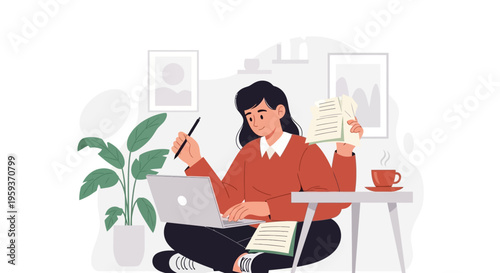 Woman studies on laptop with book and coffee on table indoors