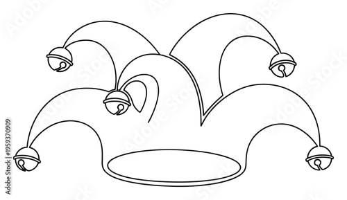 A classic jester hat featuring multiple rounded peaks adorned with small ringing bells, perfect for celebrations, carnival themes, masquerade events, and festive season designs