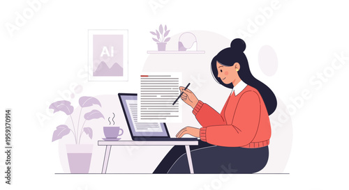 A woman sits at a desk, working on a laptop and writing on a document indoors.