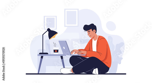 Focused young man diligently working on his laptop in a cozy home environment, illustrating the convenience and flexibility of remote digital work and learning