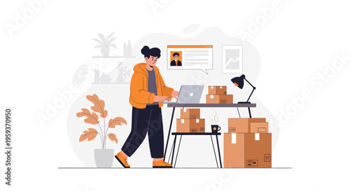 Young woman diligently managing her online e-commerce business from a comfortable home office, surrounded by packages ready for shipment, symbolizing modern entrepreneurship and digital commerce