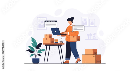 Managing E-commerce Business An entrepreneur efficiently processes online orders, packages products for shipment, and handles logistics from a home office setup