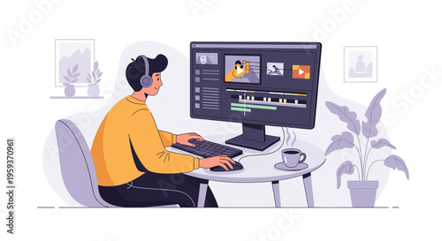 Person editing video on computer with headphones and coffee cup on desk at home or office