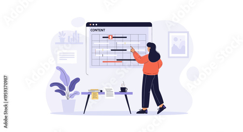 Illustration of a woman interacting with a project management timeline on a screen, symbolizing planning and strategy