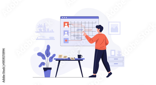 Man points to a schedule board with tasks and deadlines, illustrating project management and planning