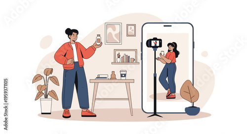 Woman filming a product review on her phone for social media content creation