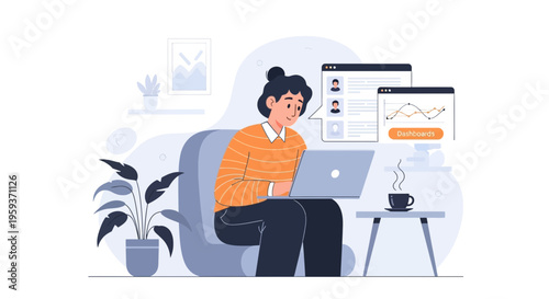Engaged individual working remotely from a comfortable home setting, utilizing a laptop amidst a flurry of digital interfaces and data, embodying modern online productivity