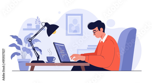 A man diligently working on his laptop at a desk with a lamp and a cup of coffee, illustrating focused work and remote productivity