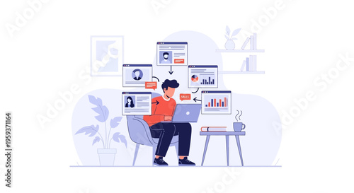 Optimizing Workflow with Digital Tools An Illustrated Concept of a Person Managing Multiple Business Applications and Data Analytics Remotely