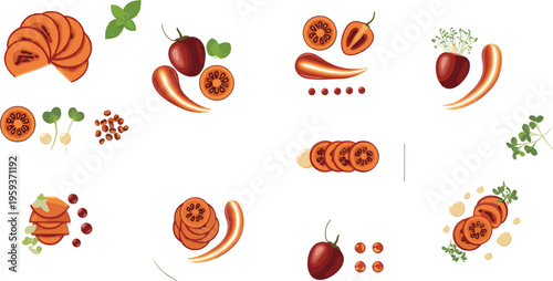 Fresh blood orange slices and halves with leaves, citrus fruit composition set, juicy organic food illustration collection isolated on white background