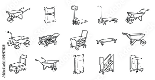 Comprehensive collection of handdrawn line illustrations showcasing various utility carts, wheelbarrows, dollies, and sacks for efficient material handling, logistics, and industrial
