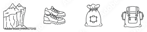 A collection of essential outdoor adventure and travel icons featuring mountains, hiking shoes, a drawstring sack, and a backpack, perfect for websites, apps, and print media related to