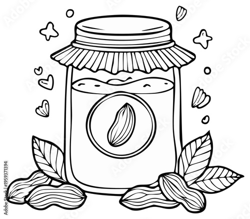 Line art drawing of a jar of peanut butter with peanuts and leaves
