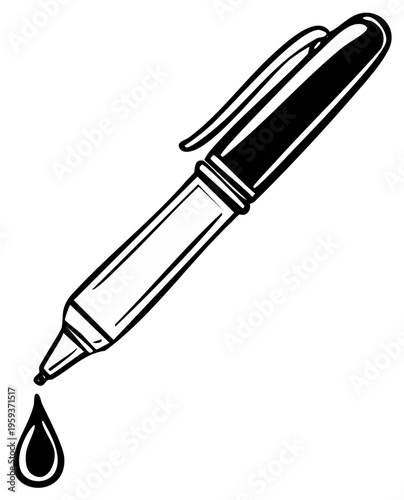 Felt tip pen with a black ink drop falling from its nib illustrating writing and drawing concepts