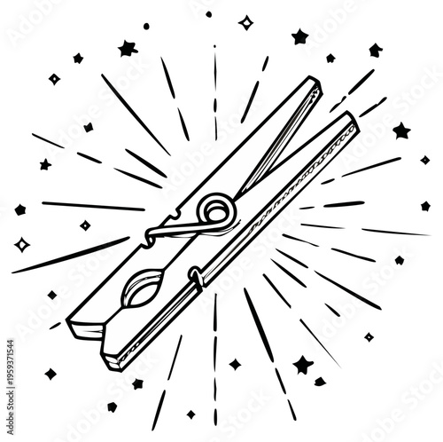Vintage Wooden Clothespin with Burst of Stars in a Hand Drawn Sketch Style