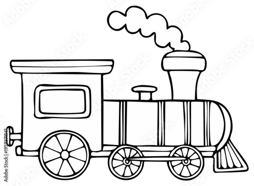 Black and white illustration of a cartoon train.