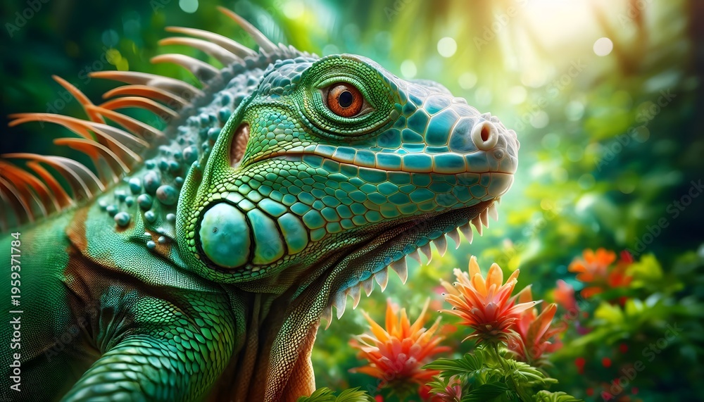 Obraz premium Closeup of a green iguana with orange spikes in a lush tropical forest lizard