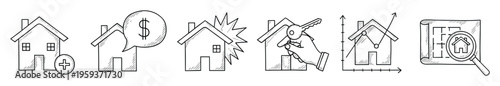 Real estate property management set with residential house symbols showing purchase, sale, price changes, new building, and market analysis for business projects
