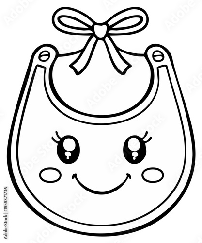 Cute baby bib outline with bow and happy smiling face, illustration for coloring book or textile design