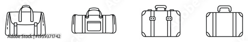 Stylish collection of travel luggage and bag icons, featuring various suitcases, a duffel bag, and a briefcase, perfect for vacation planning, tourism applications, and journeyrelated