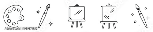 Simple linear vector symbols depicting artist supplies including a classic paint palette, various brushes, and canvases on easels, ideal for creative industry graphics.