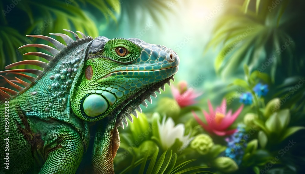 Obraz premium Green iguana with spiky frill in a lush tropical garden with colorful flowers lush foliage