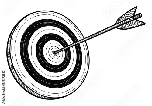 Graphic depiction of an arrow precisely striking the center of a target board symbolizing perfect aim goal achievement and successful business strategy suitable for motivational and sports