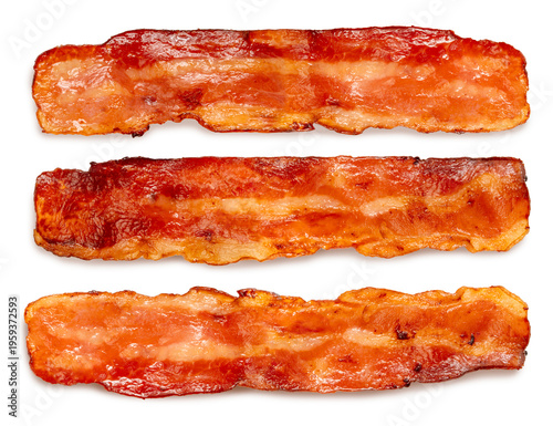 Crispy fried bacon texture isolated on white background, Freshly cooked and golden brown fried bacon on white background With work path.