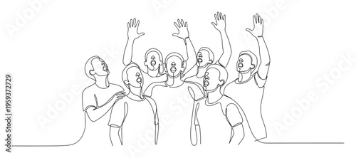 An enthusiastic group of people drawn in simple continuous line style raising their hands and looking upwards, depicting cheering or singing for a dynamic visual representing unity and
