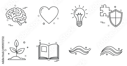 Modern line icons depicting essential concepts such as mental intelligence, emotional wellbeing, innovative ideas, personal growth, educational knowledge, secure problemsolving, and natural