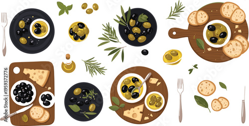 Gourmet olive oil breakfast and appetizer set with bread, herbs, dips and olives, Mediterranean cuisine vector collection isolated on white background