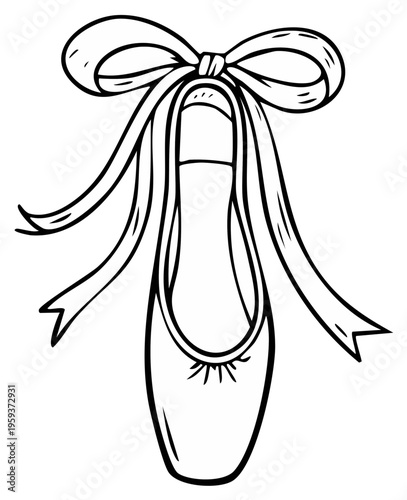 Black and white illustration of a ballet shoe with ribbon bow