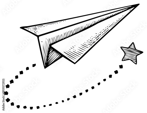 Hand Drawn Paper Airplane Soaring Past a Star Leaving a Dotted Trail