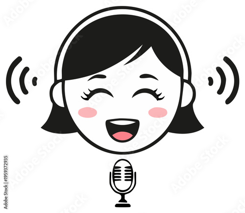 Cartoon woman with headphones and microphone, voice recording