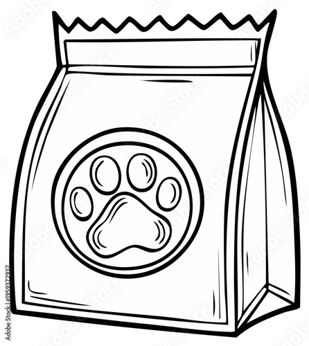 Cartoon bag of pet food with a paw print symbol in a circle on the front