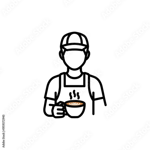 Minimalist Illustration of a Person Drinking Soup with a Cap and Backpack
