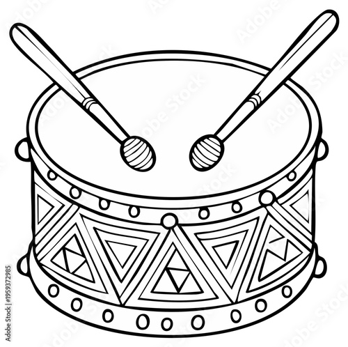 Outline illustration of a snare drum with crossed drumsticks, featuring a decorative geometric pattern on the drum body.