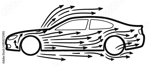 Automotive design demonstrating airflow analysis and resistance factors with moving arrows indicating fluid dynamics for engineering and scientific presentations