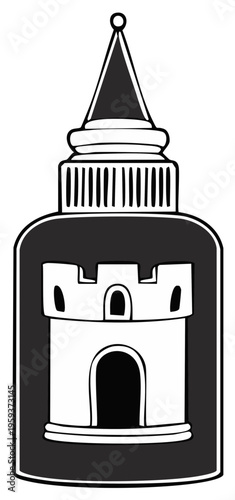 Glue bottle with a castle illustration, black and white outline