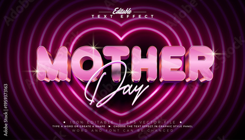 Happy Mother's Day Text Effect Design Editable Vector Graphic Style with Glowing Neon Light Hearth and Shiny 3d Typography Lettering on Purple Background. Love Best Mom Theme Scalable Illustration